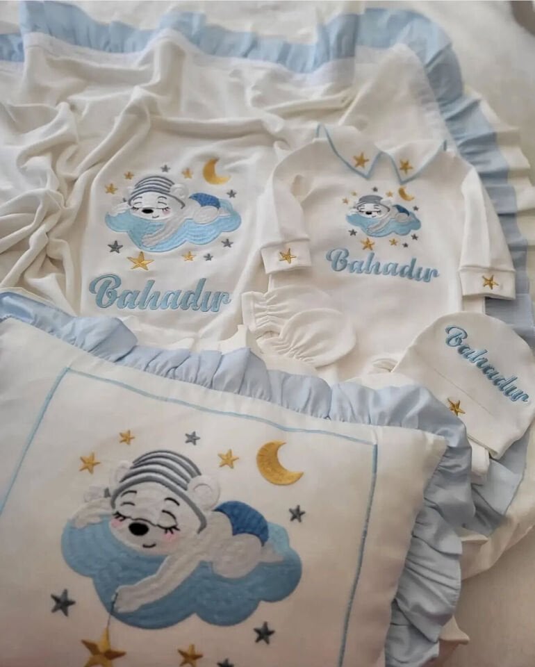 Uyuyan panda mavi hastane çıkış seti isimli nakışlı