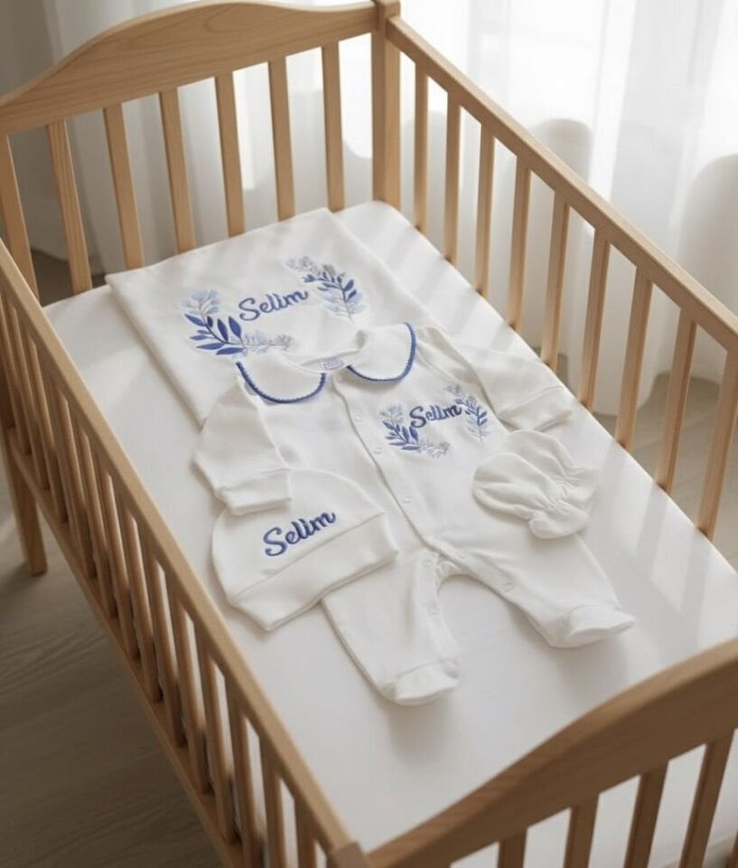 Kişiye Özel Nakışlı Mavi Bebek Nevresim ve Giyim Seti