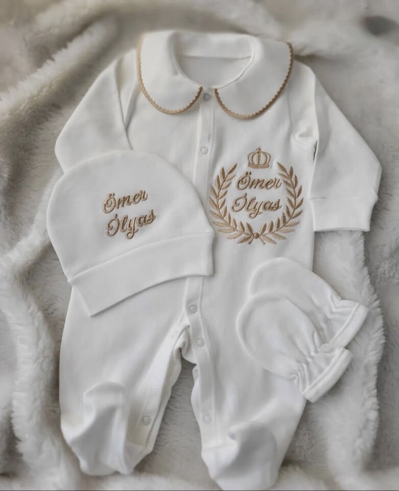İsimli Gold Kral Tacı Nakışlı Bebek Tulum Seti
