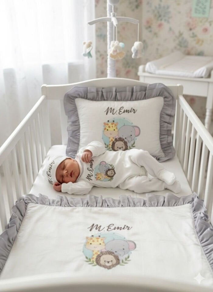 İsimli Sevimli Hayvanlar Nakışlı Bebek Tulum Seti