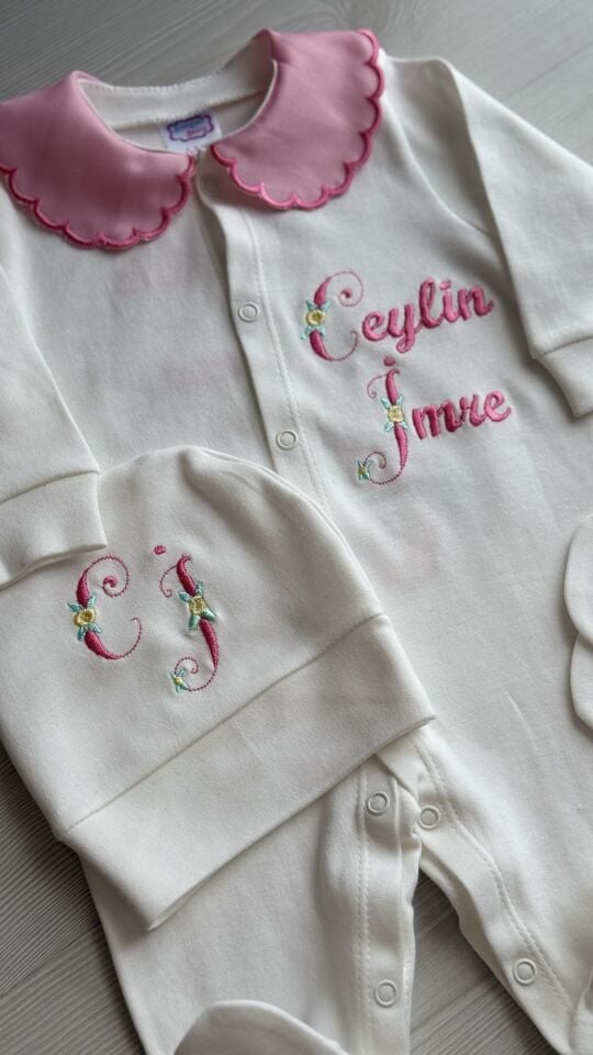 İsimli Prenses Şatosu Nakışlı Kız Bebek Hastane Çıkış Seti - İki İsim Uyumlu