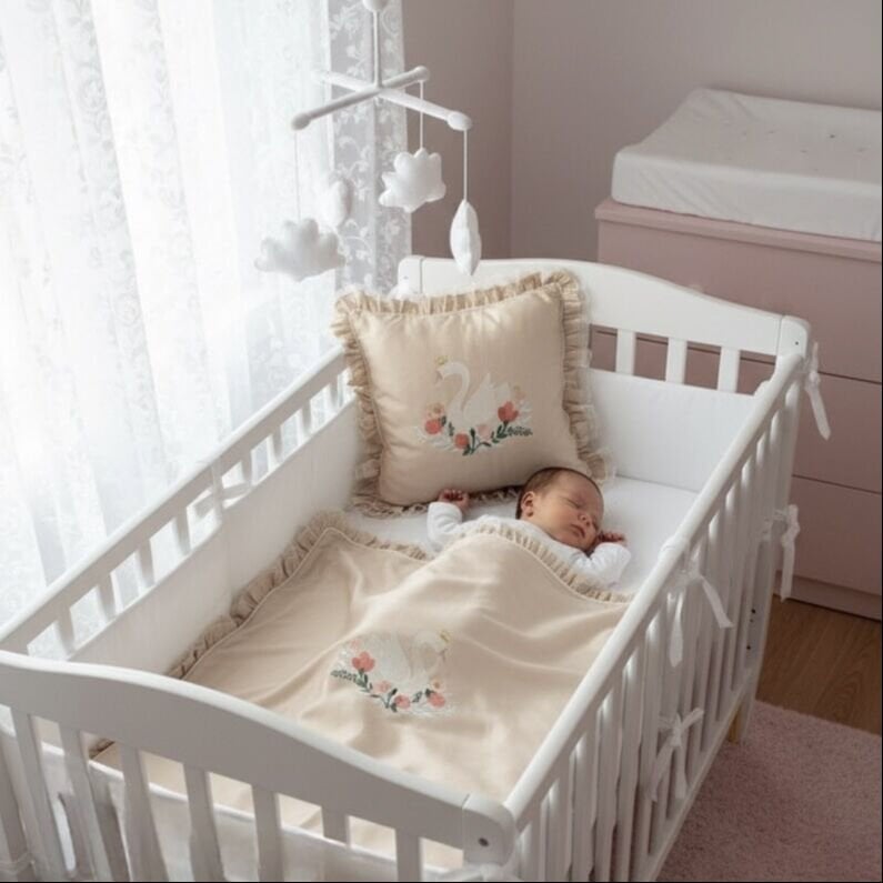 Kişiye Özel Taçlı Kuğu İşlemeli Gri/Soft Renkli Bebek Yastığı