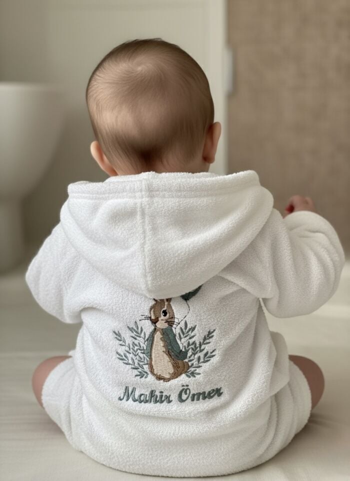 Tavşan Desenli -İsimli Yeni doğan Bebek Bornoz ve Havlu Seti