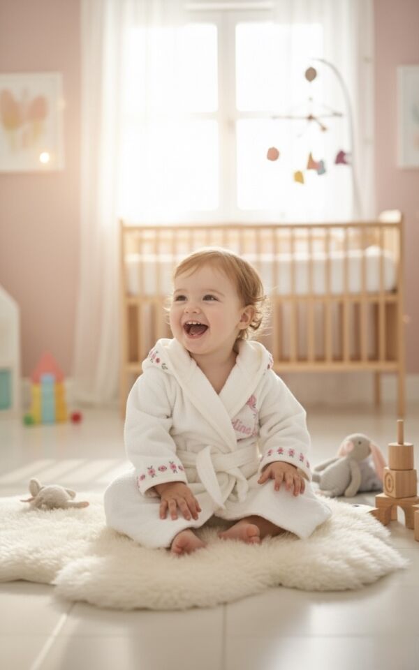 Çiçek el nakışlı -İsimli Yenidoğan Bebek Bornoz ve Havlu Seti