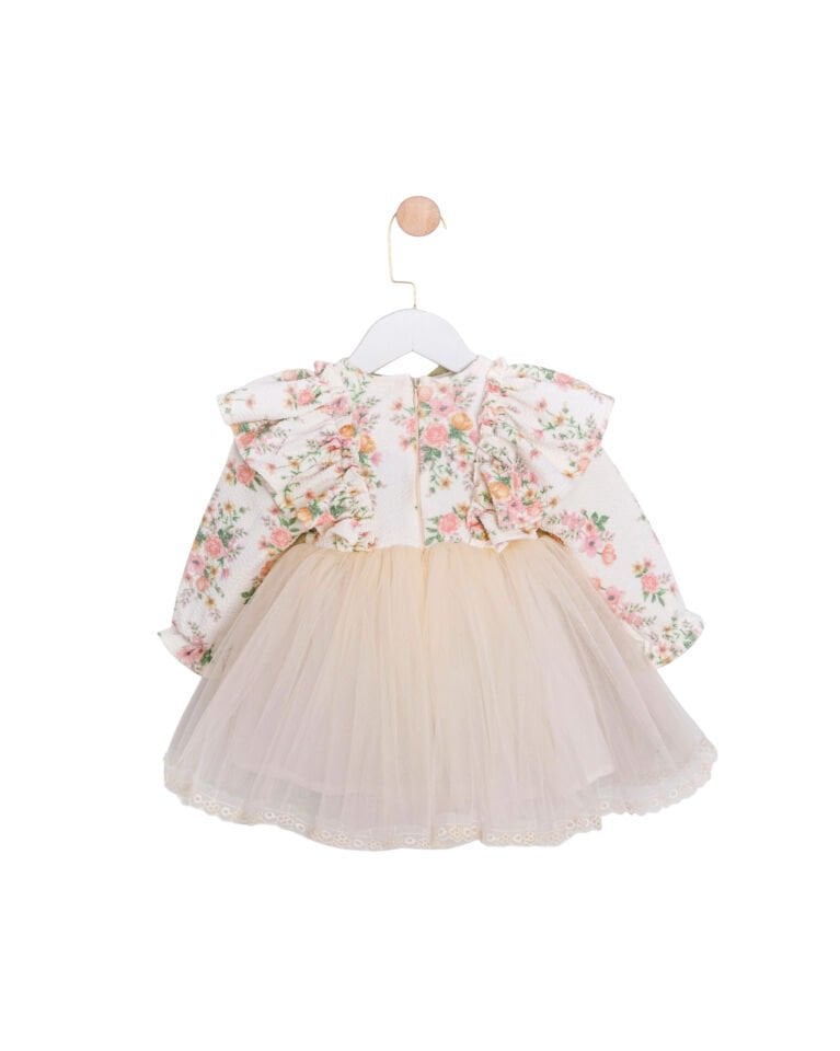 Çiçekli Bebek Elbisesi – Uzun Kollu Tül Etekli Özel Gün Tasarımı | Minik Nakış