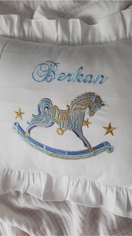 Mavi atlı pamuk saten takı yastığı