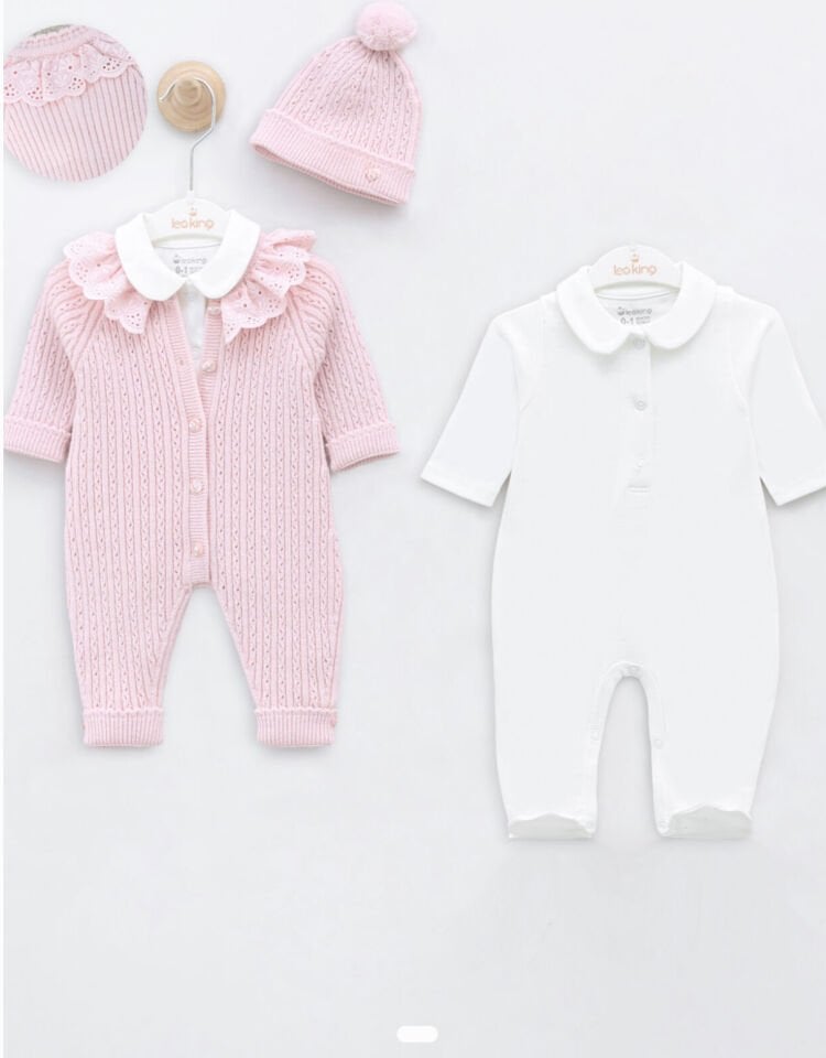 Pembe Örgü Tulum & Krem Patikli Yeni Doğan 3 lü Set