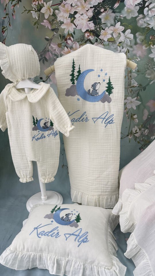 Müslin nakışlı bebek tulum seti yenidoğan – hastane çıkışı