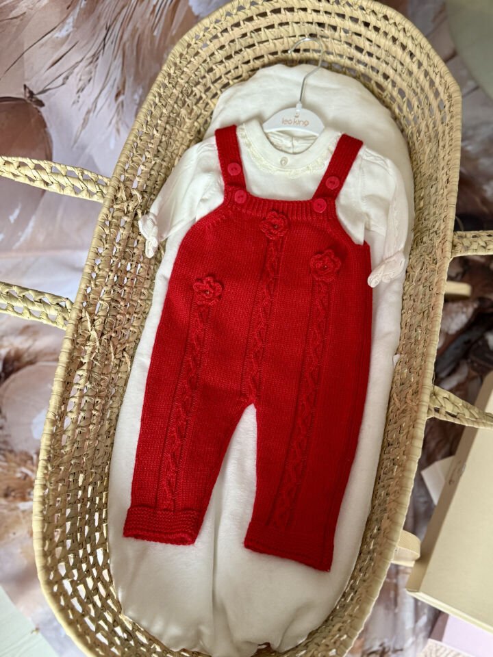 kırmızı orgu askili kiz bebek tulum set