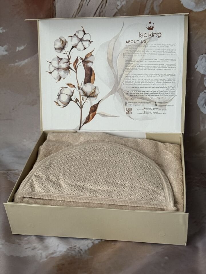 0-24 ay bebekler için doğal bej renk premium kutulu bebek bornoz seti