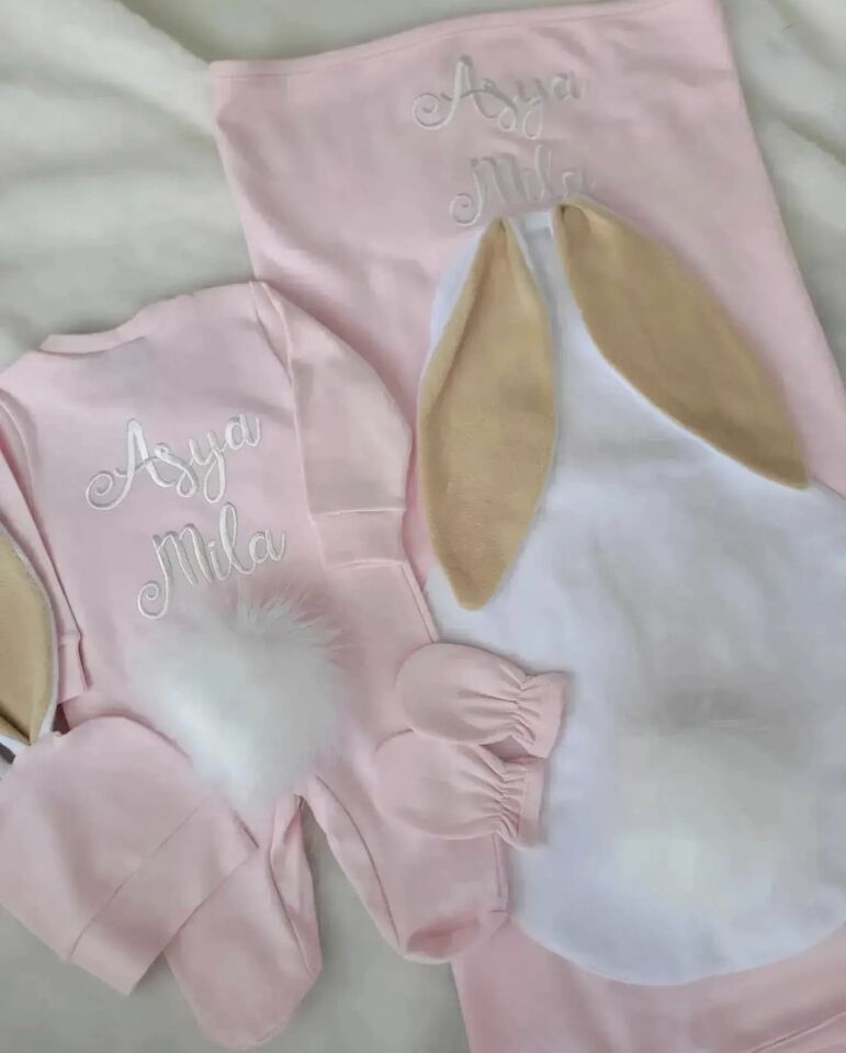 Tavşan Model Ponponlu Hastane Çıkışı Seti |  Pamuklu Set